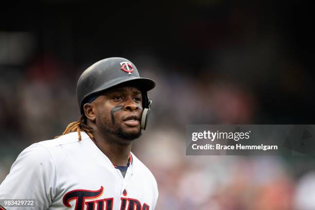 Miguel Sano of the Minnesota Twins looks on against the Los Angeles Angels on June 10, 2018 at Target Field in Minneapolis, Minnesota. The Twins...