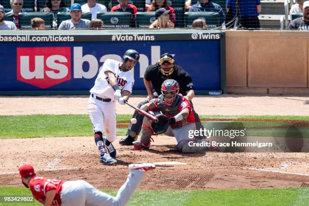 Eddie Rosario of the Minnesota Twins bats against the Los Angeles Angels on June 10, 2018 at Target Field in Minneapolis, Minnesota. The Twins...