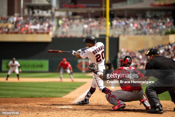 Eddie Rosario of the Minnesota Twins bats against the Los Angeles Angels on June 10, 2018 at Target Field in Minneapolis, Minnesota. The Twins...