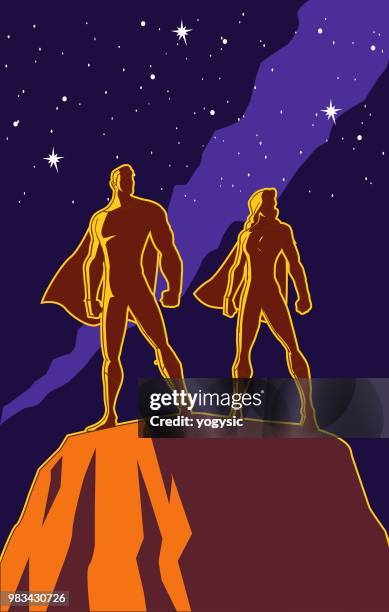 Vector Retro Propaganda Style Superhero Couple Illustration High-Res Vector Graphic