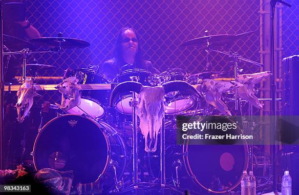 Drummer Joey Jordison performs at the 2nd annual Revolver Golden Gods Awards held at Club Nokia on April 8, 2010 in Los Angeles, California. Photo by...