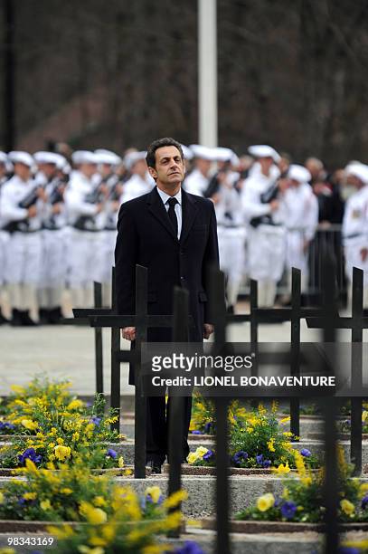 French President Nicolas Sarkozy attends a ceremony to pay tribute to World War II resistance fighters on April 8, 2010 at the Necropole de Morette,...