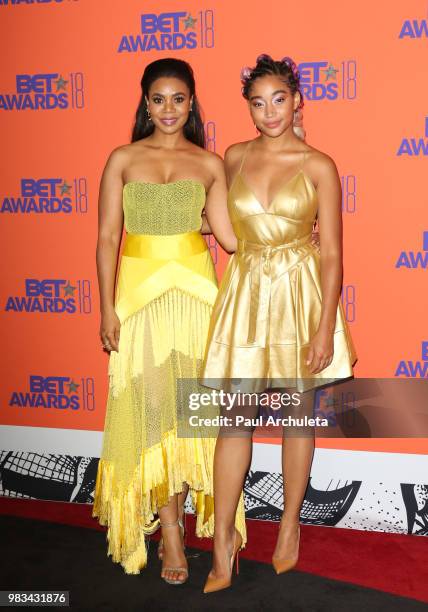 Actors Regina Hall and Amandla Stenberg pose for photos in the press poom at the 2018 BET Awards at Microsoft Theater on June 24, 2018 in Los...