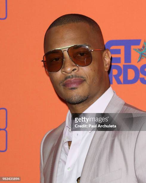 Rapper / Actor T.I. Poses for photos in the press poom at the 2018 BET Awards at Microsoft Theater on June 24, 2018 in Los Angeles, California.
