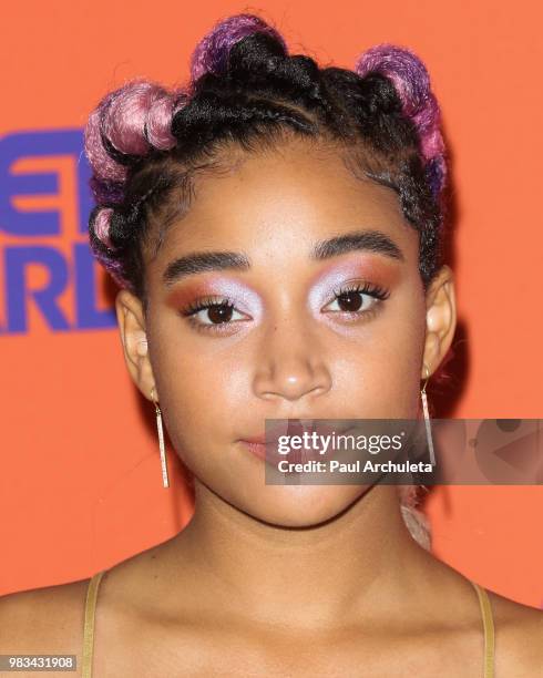 Actress Amandla Stenberg poses for photos in the press poom at the 2018 BET Awards at Microsoft Theater on June 24, 2018 in Los Angeles, California.