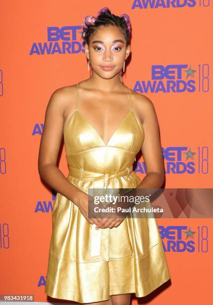 Actress Amandla Stenberg poses for photos in the press poom at the 2018 BET Awards at Microsoft Theater on June 24, 2018 in Los Angeles, California.