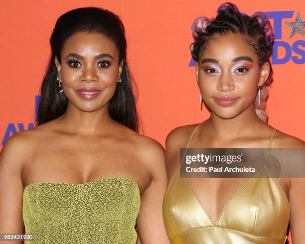 Actors Regina Hall and Amandla Stenberg pose for photos in the press poom at the 2018 BET Awards at Microsoft Theater on June 24, 2018 in Los...