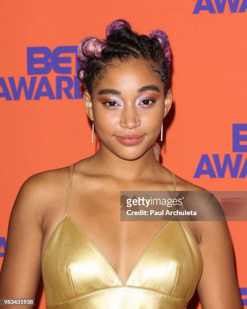 Actress Amandla Stenberg poses for photos in the press poom at the 2018 BET Awards at Microsoft Theater on June 24, 2018 in Los Angeles, California.