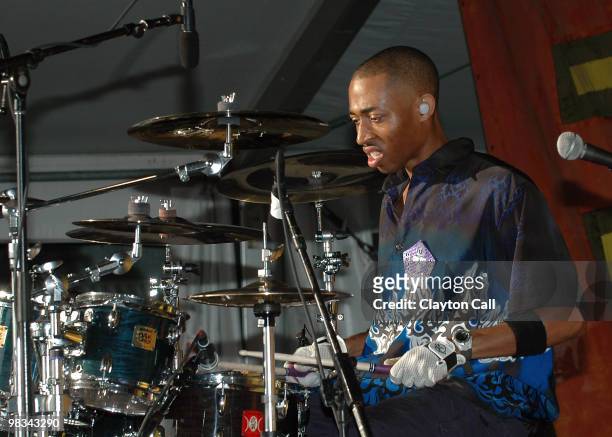 Jamal Batiste performing with Los Hombres Calientes at the New Orleans Jazz & Heritage Festival on April 28, 2005.