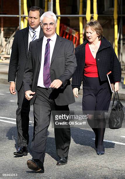 Chancellor of the Exchequer Alistair Darling arrives at a television studio in Westminster on April 9, 2010 in London, England. The Labour party have...
