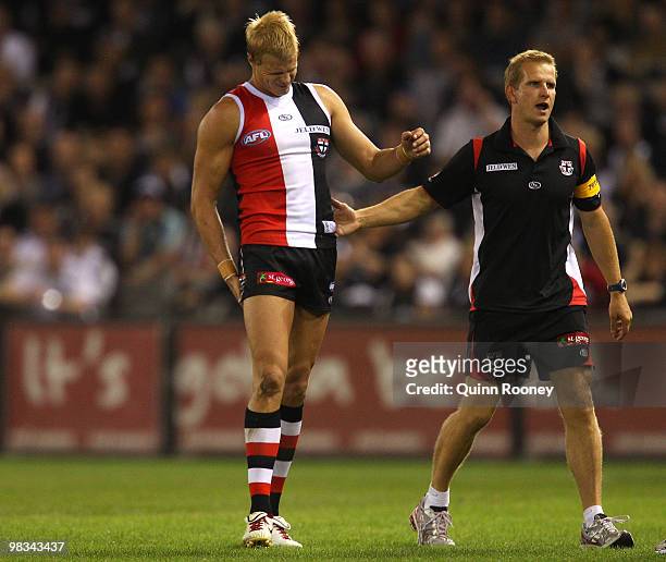 Nick Riewoldt of the Saints comes from the ground after injuring his hamstring during the round three AFL match between the St Kilda Saints and the...