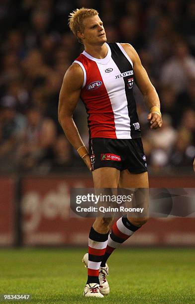 Nick Riewoldt of the Saints comes from the ground after injuring his hamstring during the round three AFL match between the St Kilda Saints and the...