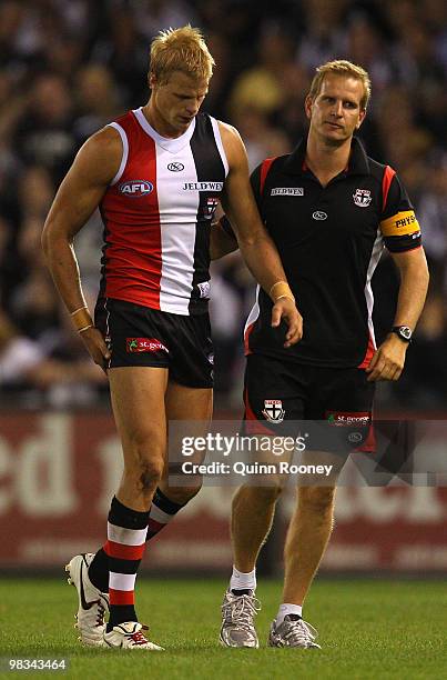 Nick Riewoldt of the Saints comes from the ground after injuring his hamstring during the round three AFL match between the St Kilda Saints and the...