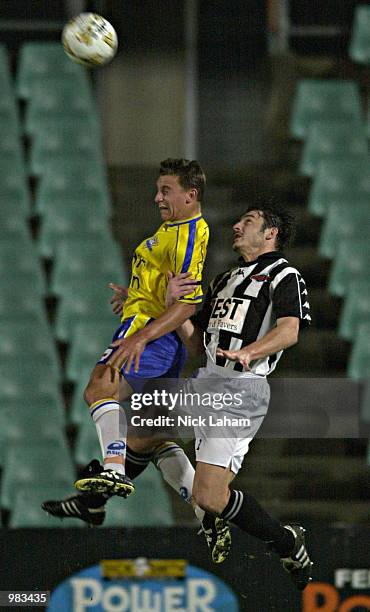 Brendon Santalab of the Power and Gianluca Lagati of the Force in action during the round 28 NSL match between the Parramatta Power and the Adelaide...