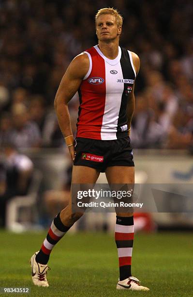 Nick Riewoldt of the Saints comes from the ground after injuring his hamstring during the round three AFL match between the St Kilda Saints and the...