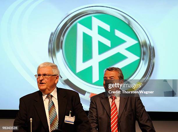 General Secretary Wolfgang Niersbach and President Theo Zwanziger smile during the German Football Association Bundestag at the Steigenberger Airport...