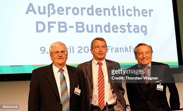 President Theo Zwanziger, general secretary Wolfgang Niersbach and former president Gerhard Mayer-Vorfelder pose during the German Football...