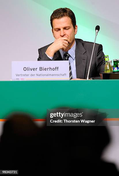 Manager of German National Team Oliver Bierhoff looks on during the German Football Association Bundestag at the Steigenberger Airport Hotel on April...