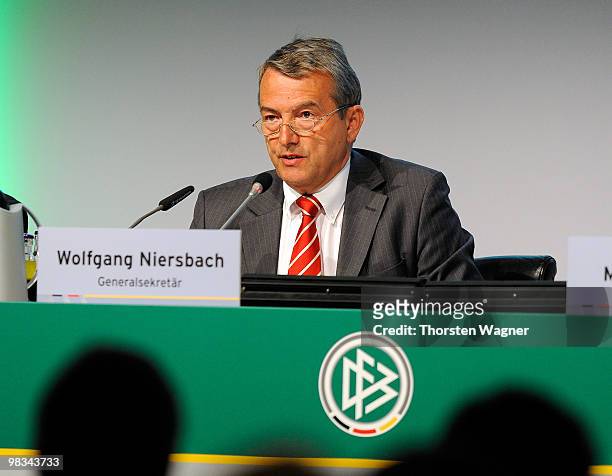 General secretary Wolfgang Niersbach looks on during the German Football Association Bundestag at the Steigenberger Airport Hotel on April 9, 2010 in...