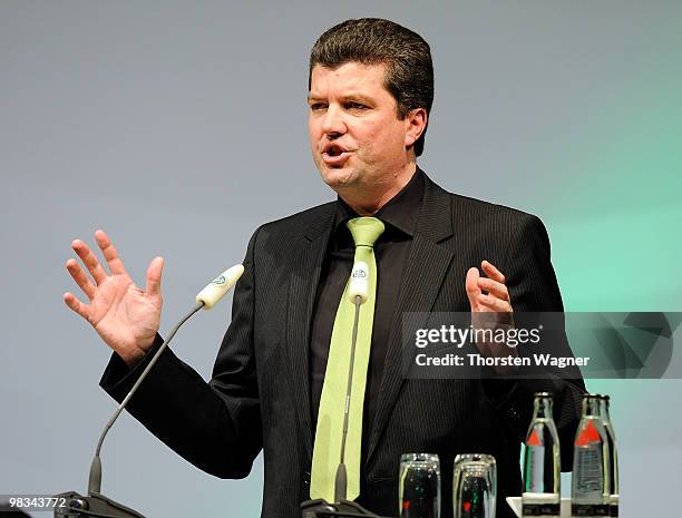 New head of German referees Herbert Fandel talks during the German Football Association Bundestag at the Steigenberger Airport Hotel on April 9, 2010...