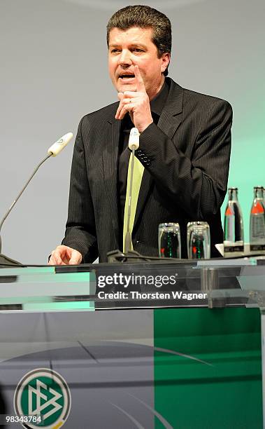 New head of German referees Herbert Fandel talks during the German Football Association Bundestag at the Steigenberger Airport Hotel on April 9, 2010...