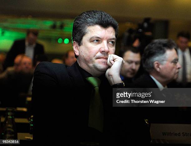 New head of referees Herbert Fandel looks on during the German Football Association Bundestag at the Steigenberger Airport Hotel on April 9, 2010 in...