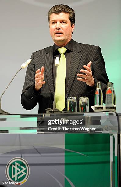 New head of German referees Herbert Fandel talks during the German Football Association Bundestag at the Steigenberger Airport Hotel on April 9, 2010...