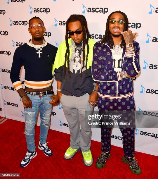 Offset, Takeoff and Quavo of Migos attend the 31st Annual Rhythm and Soul Music Awards - Arrivals at the Beverly Wilshire Four Seasons Hotel on June...
