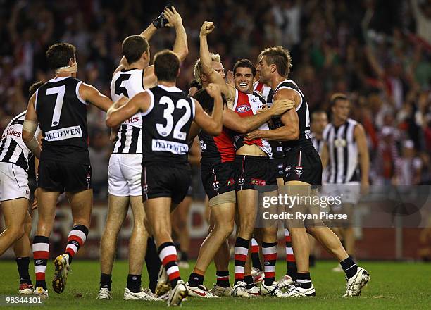 Leigh Montagna of the Saints celebrates after kicking a goal during the round three AFL match between the St Kilda Saints and the Collingwood Magpies...