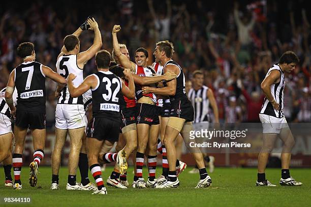 Leigh Montagna of the Saints celebrates after kicking a goal during the round three AFL match between the St Kilda Saints and the Collingwood Magpies...