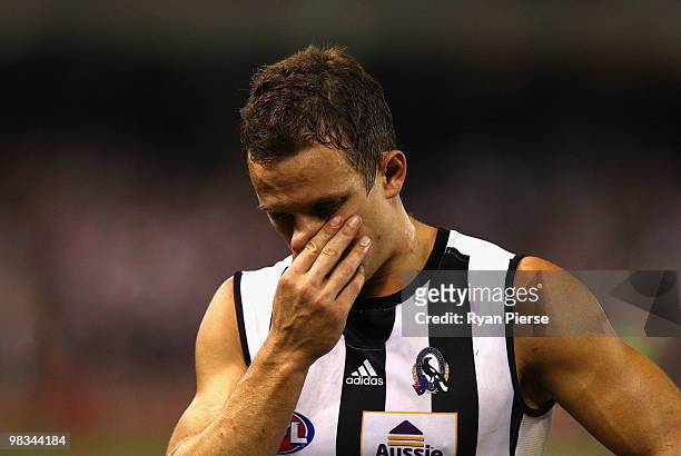 Luke Ball of the Magpies looks dejected as he leaves the ground after the round three AFL match between the St Kilda Saints and the Collingwood...