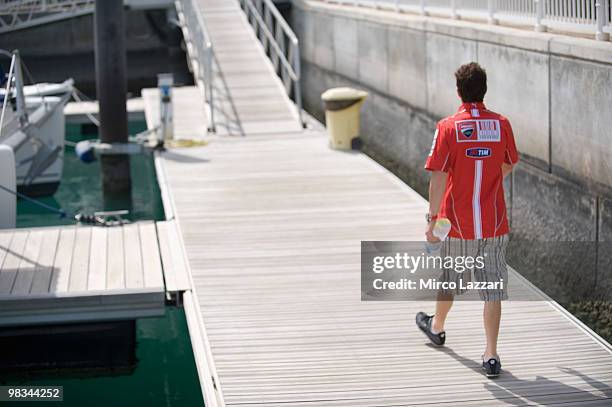 Nicky Hayden of USA and Ducati Marlboro Team walks during the event of "Riders go on boat trip in Doha" during the first Grand Prix of the 2010...