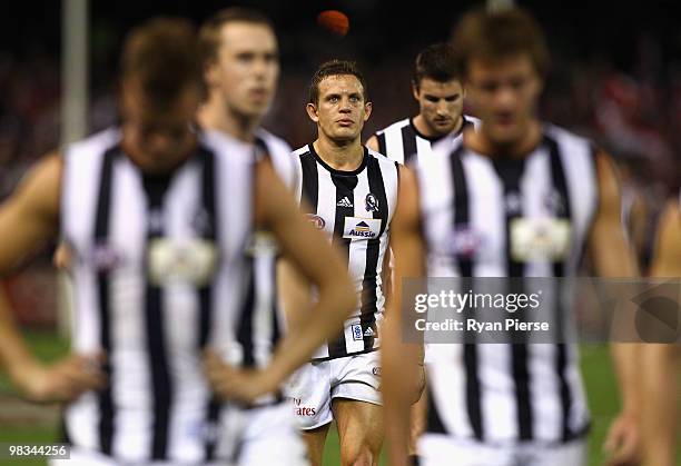 Luke Ball of the Magpies looks dejected as he leaves the ground after the round three AFL match between the St Kilda Saints and the Collingwood...