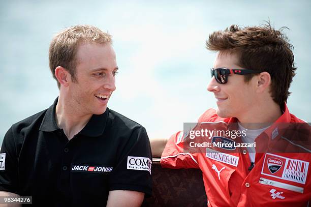 Nicky Hayden of USA and Ducati Marlboro Team speaks with Kenny Noyes of USA and Jack and Jones by A. Banderas during the event of "Riders go on boat...