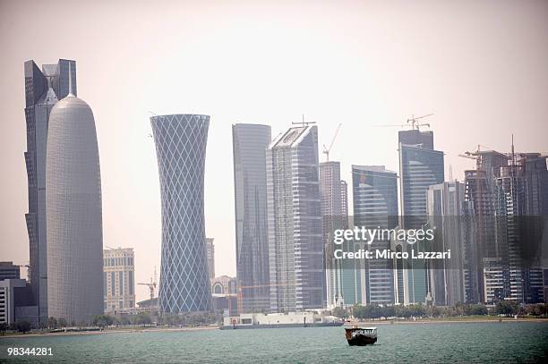 The boats in front of the skyline of Doha during the event of "Riders go on boat trip in Doha" during the first Grand Prix of the 2010 season at...