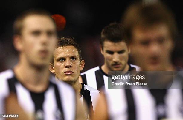 Luke Ball of the Magpies looks dejected as he leaves the ground after the round three AFL match between the St Kilda Saints and the Collingwood...