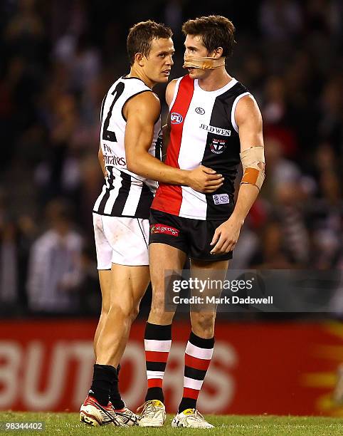 Luke Ball of the Magpies congratulates Lenny Hayes of the Saints after the round three AFL match between the St Kilda Saints and the Collingwood...