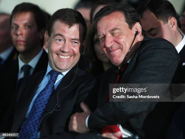 Russian President Dmitry Medvedev and Head of the Nord Stream, Former German Chancellor Gerhard Schroeder attend a ceremony to mark the beginning of...