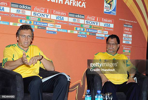 In this handout image provided by the 2010 FIFA World Cup Organising Committee South Africa, Jerome Valcke and Danny Jordaan speak at the official...