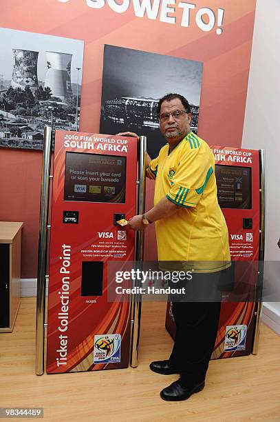 In this handout image provided by the 2010 FIFA World Cup Organising Committee South Africa, Danny Jordaan demonstrates the official ticket during...