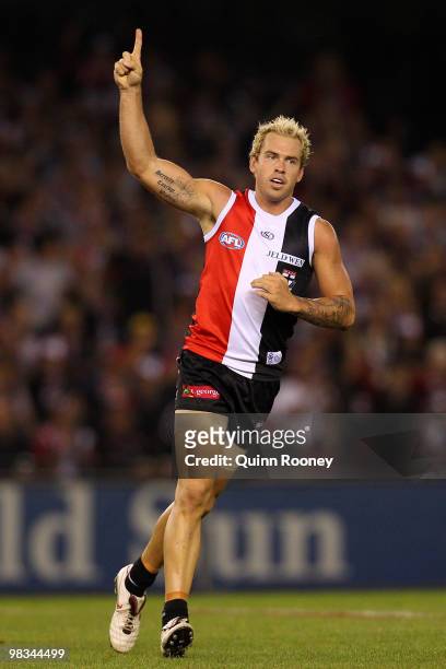 Jason Gram of the Saints celebrates a goal during the round three AFL match between the St Kilda Saints and the Collingwood Magpies at Etihad Stadium...