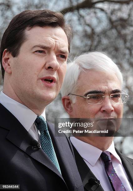 Chancellor of the Exchequer Alistair Darling debates with his Conservative shadow George Osborne in a BBC news television interview near Parliament...