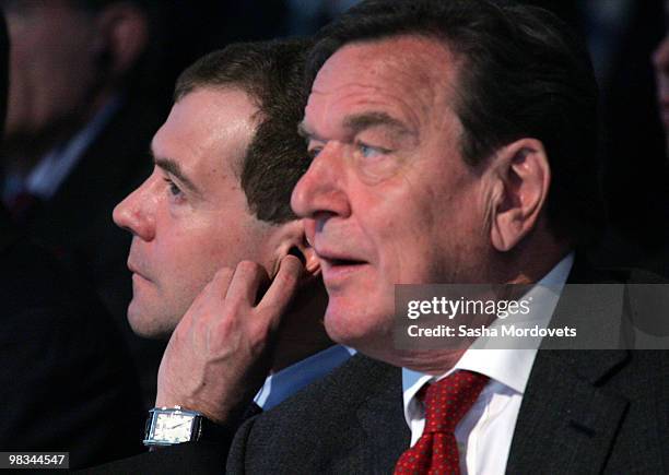 Russian President Dmitry Medvedev and Head of the Nord Stream, Former German Chancellor Gerhard Schroeder attend a ceremony to mark the beginning of...