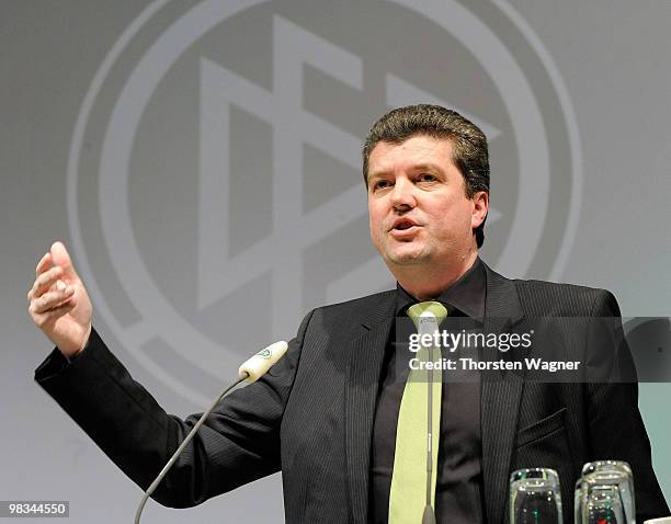 New head of referees Herbert Fandl talks during the German Football Association Bundestag at the Steigenberger Airport Hotel on April 9, 2010 in...