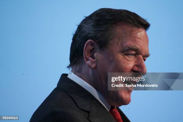 Head of the Nord Stream, Former German Chancellor Gerhard Schroeder speaks at a ceremony to mark the beginning of the construction of Nord Stream...