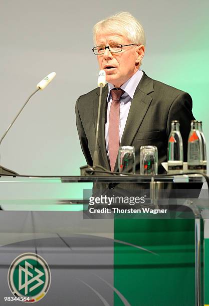 Reinhardt Rauball head of the German Football League talks during the German Football Association Bundestag at the Steigenberger Airport Hotel on...