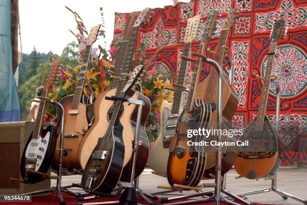 Ry Cooder's guitars at the Electric on the Eel concert in Piercy, CA on August 25, 1990.