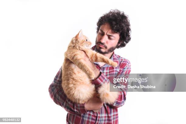 man in plaide with cat - white eggplant stock pictures, royalty-free photos & images