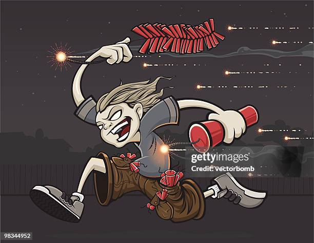 zombie kid running with fireworks - firework explosive material stock illustrations