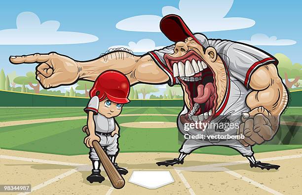 cartoon of large angry coach yelling at little league kid - sports coach cartoon stock illustrations